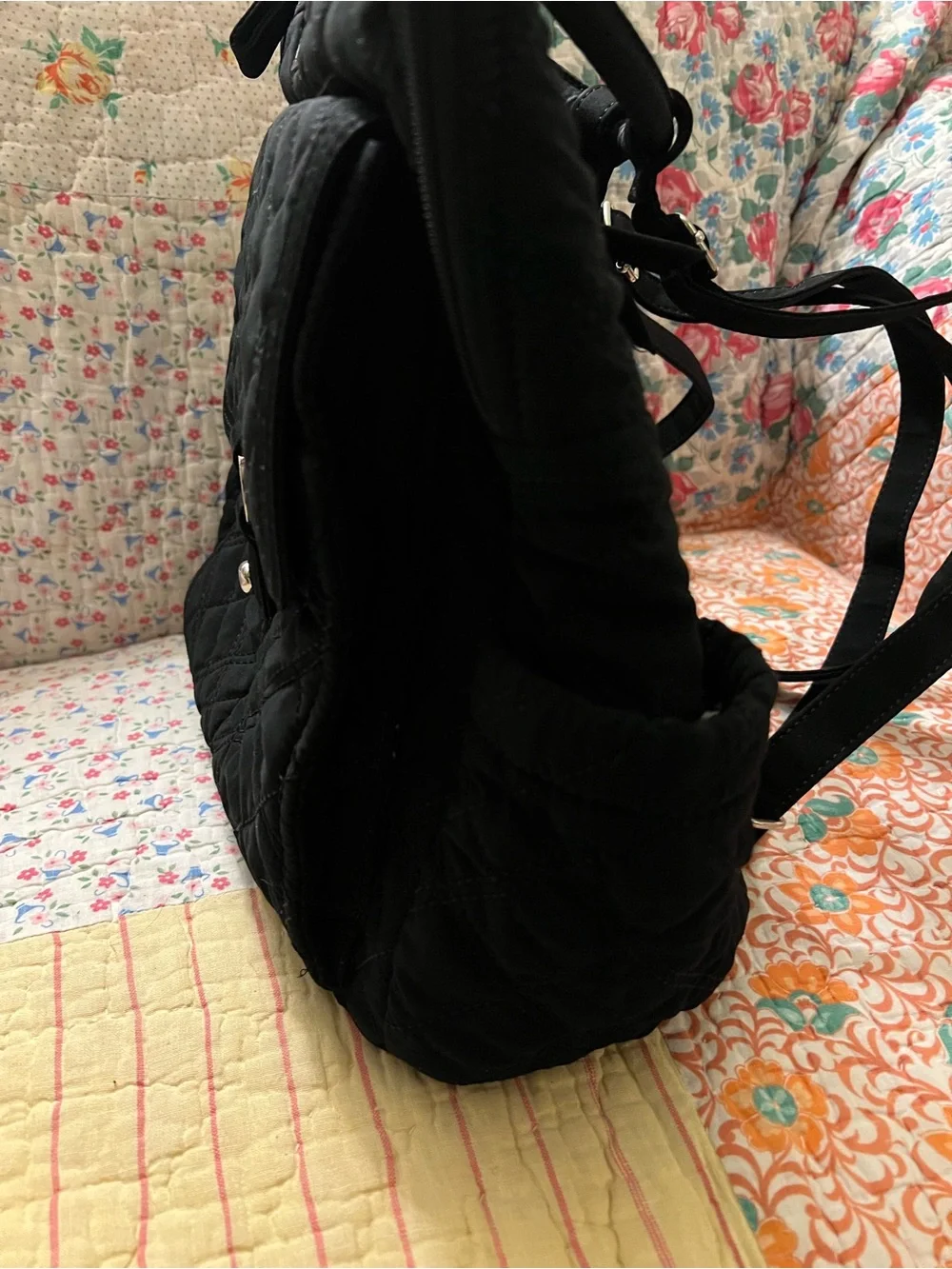 Vintage Retired Vera Bradley Black Quilted Zip Backpack Zebra Lining